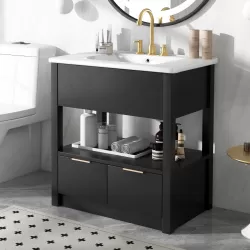 30 Inch  Bathroom Vanity with Sink Top, Bathroom Cabinet with Open Storage Shelf and Two Drawers, One Package, Black (Old Sku:WF311619AAP) 30 Inch  Bathroom Vanity with Sink Top, Bathroom Cabinet with Open Storage Shelf and Two Drawers, One Package, Black (Old Sku:WF311619AAP)