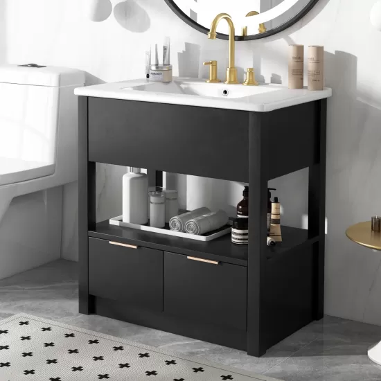 30 Inch Bathroom Vanity with Sink Top, Bathroom Cabinet with Open Storage Shelf and Two Drawers, One Package, Black (Old Sku:WF311619AAP) 30 Inch Bathroom Vanity with Sink Top, Bathroom Cabinet with Open Storage Shelf and Two Drawers, One Package, Black (Old Sku:WF311619AAP)