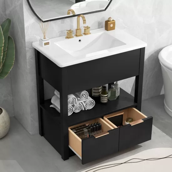 30 Inch Bathroom Vanity with Sink Top, Bathroom Cabinet with Open Storage Shelf and Two Drawers, One Package, Black (Old Sku:WF311619AAP) 30 Inch Bathroom Vanity with Sink Top, Bathroom Cabinet with Open Storage Shelf and Two Drawers, One Package, Black (Old Sku:WF311619AAP)