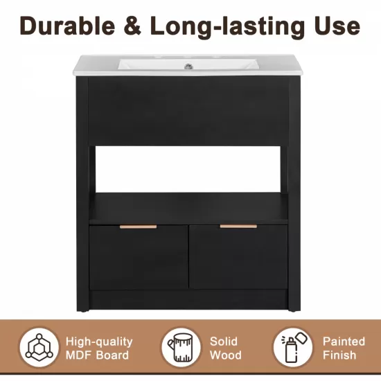30 Inch Bathroom Vanity with Sink Top, Bathroom Cabinet with Open Storage Shelf and Two Drawers, One Package, Black (Old Sku:WF311619AAP) 30 Inch Bathroom Vanity with Sink Top, Bathroom Cabinet with Open Storage Shelf and Two Drawers, One Package, Black (Old Sku:WF311619AAP)