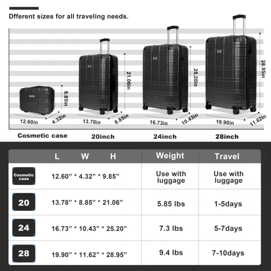 Luggage Sets ABS+PC Hardshell 4pcs Luggage Hardside Lightweight Durable Suitcase sets Spinner Wheels Suitcase with TSA Lock (12/20/24/28),black Luggage Sets ABS+PC Hardshell 4pcs Luggage Hardside Lightweight Durable Suitcase sets Spinner Wheels Suitcase with TSA Lock (12/20/24/28),black