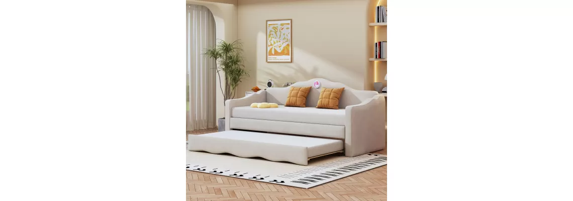 Twin Size Upholstered Daybed with Wave-shaped Trundle: A Stylish and Space-Saving Solution for $331.51 Twin Size Upholstered Daybed with Wave-shaped Trundle: A Stylish and Space-Saving Solution for $331.51