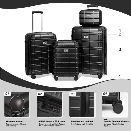 Luggage Sets ABS+PC Hardshell 4pcs Luggage Hardside Lightweight Durable Suitcase sets Spinner Wheels Suitcase with TSA Lock (12/20/24/28),black Luggage Sets ABS+PC Hardshell 4pcs Luggage Hardside Lightweight Durable Suitcase sets Spinner Wheels Suitcase with TSA Lock (12/20/24/28),black