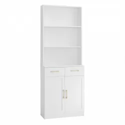 Bathroom Storage Cabinet, Cabinet with Two Doors and Drawers, Adjustable Shelf, Three-layer Open Shelf, MDF Board, White
