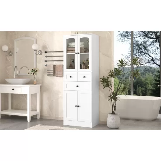 Tall Bathroom Storage Cabinet, Cabinet with Four Doors and Drawers, Adjustable Shelf, MDF Board, White Tall Bathroom Storage Cabinet, Cabinet with Four Doors and Drawers, Adjustable Shelf, MDF Board, White