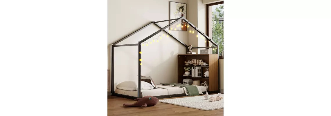 Twin Size Black Metal House Bed Frame with Shelves and Lights - $251.32 Twin Size Black Metal House Bed Frame with Shelves and Lights - $251.32