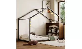 Twin Size Black Metal House Bed Frame with Shelves and Lights - $251.32