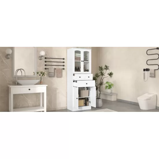 Tall Bathroom Storage Cabinet, Cabinet with Four Doors and Drawers, Adjustable Shelf, MDF Board, White Tall Bathroom Storage Cabinet, Cabinet with Four Doors and Drawers, Adjustable Shelf, MDF Board, White