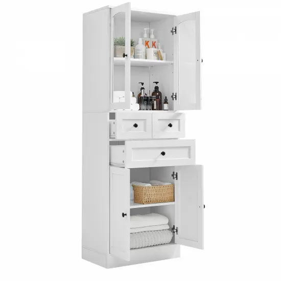 Tall Bathroom Storage Cabinet, Cabinet with Four Doors and Drawers, Adjustable Shelf, MDF Board, White Tall Bathroom Storage Cabinet, Cabinet with Four Doors and Drawers, Adjustable Shelf, MDF Board, White