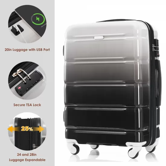 Luggage Set of 3, 20-inch with USB Port, Airline Certified Carry-on Luggage with Cup Holder, ABS+PC Hard Shell Luggage with Spinner Wheels, black Luggage Set of 3, 20-inch with USB Port, Airline Certified Carry-on Luggage with Cup Holder, ABS+PC Hard Shell Luggage with Spinner Wheels, black