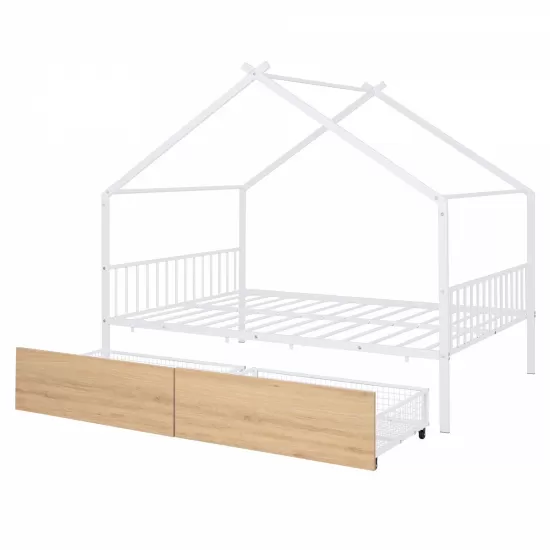 Full Size Metal House Bed with Two Drawers, White Full Size Metal House Bed with Two Drawers, White