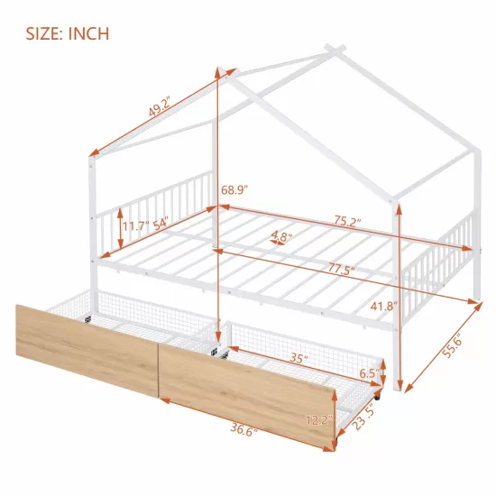 Full Size Metal House Bed with Two Drawers, White Full Size Metal House Bed with Two Drawers, White