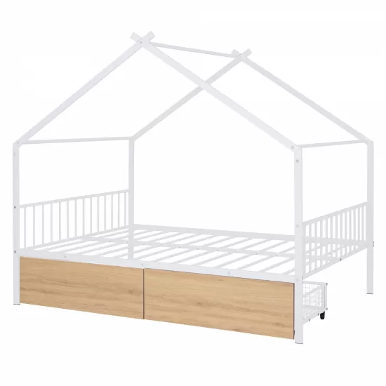 Full Size Metal House Bed with Two Drawers, White Full Size Metal House Bed with Two Drawers, White