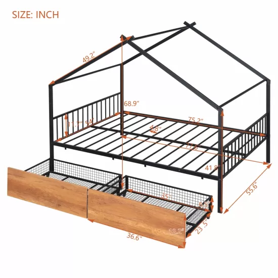 Full Size Metal House Bed with Two Drawers, Black Full Size Metal House Bed with Two Drawers, Black