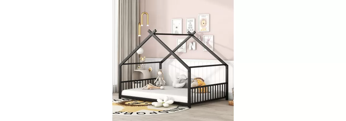 Modern Black Full-Size Metal House Bed for Stylish Kids' Rooms Modern Black Full-Size Metal House Bed for Stylish Kids' Rooms
