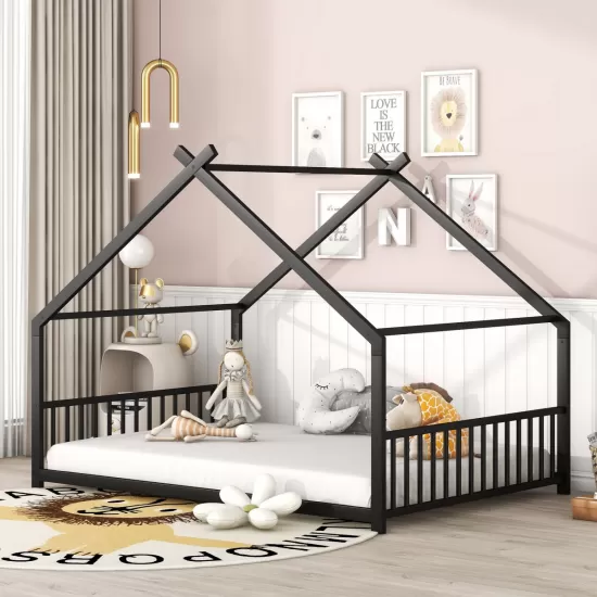 Full Size Metal House Bed, Black Full Size Metal House Bed, Black