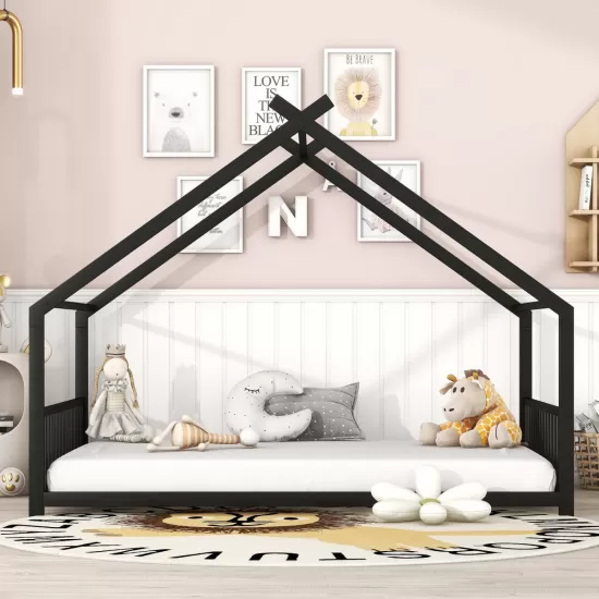 Full Size Metal House Bed, Black Full Size Metal House Bed, Black