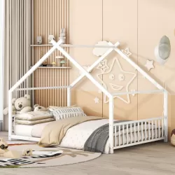 Full Size Metal House Bed, White
