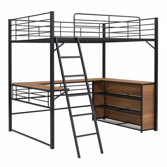 Full Size Metal Loft Bed with 3 Layers of Shelves and L-shaped Desk, Black Full Size Metal Loft Bed with 3 Layers of Shelves and L-shaped Desk, Black