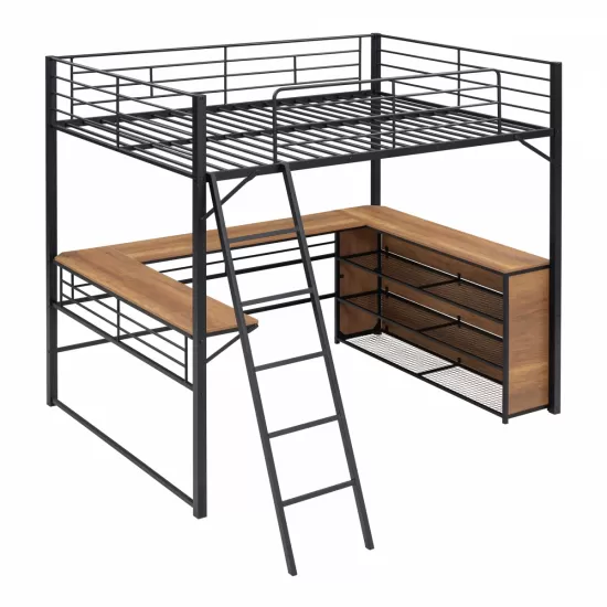 Full Size Metal Loft Bed with 3 Layers of Shelves and L-shaped Desk, Black Full Size Metal Loft Bed with 3 Layers of Shelves and L-shaped Desk, Black