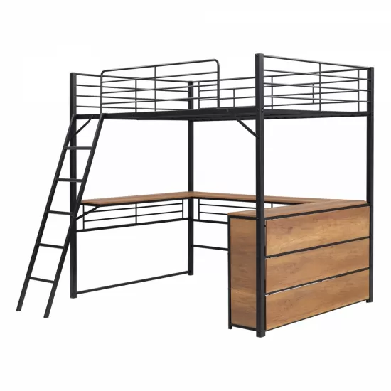 Full Size Metal Loft Bed with 3 Layers of Shelves and L-shaped Desk, Black Full Size Metal Loft Bed with 3 Layers of Shelves and L-shaped Desk, Black