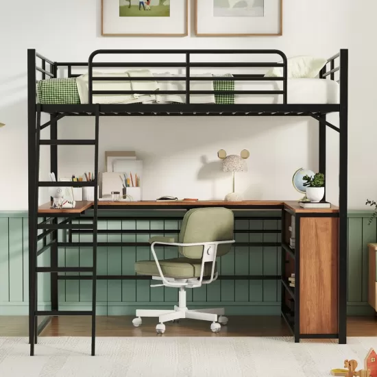 Full Size Metal Loft Bed with 3 Layers of Shelves and L-shaped Desk, Black Full Size Metal Loft Bed with 3 Layers of Shelves and L-shaped Desk, Black