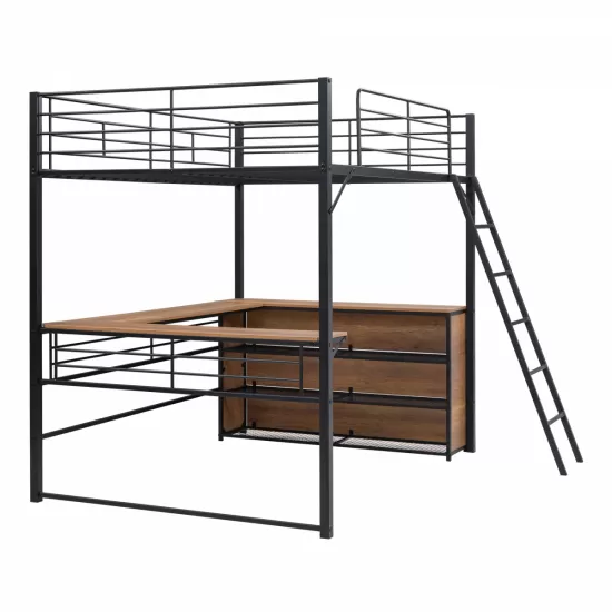 Full Size Metal Loft Bed with 3 Layers of Shelves and L-shaped Desk, Black Full Size Metal Loft Bed with 3 Layers of Shelves and L-shaped Desk, Black