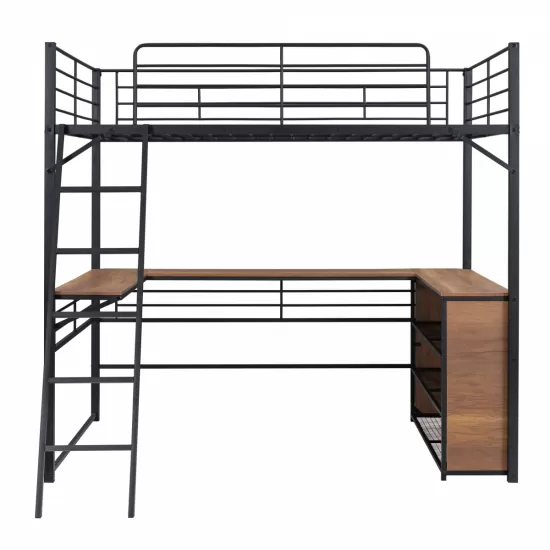 Full Size Metal Loft Bed with 3 Layers of Shelves and L-shaped Desk, Black Full Size Metal Loft Bed with 3 Layers of Shelves and L-shaped Desk, Black