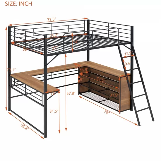 Full Size Metal Loft Bed with 3 Layers of Shelves and L-shaped Desk, Black Full Size Metal Loft Bed with 3 Layers of Shelves and L-shaped Desk, Black