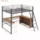 Full Size Metal Loft Bed with 3 Layers of Shelves and L-shaped Desk, Black Full Size Metal Loft Bed with 3 Layers of Shelves and L-shaped Desk, Black
