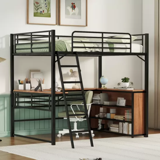 Full Size Metal Loft Bed with 3 Layers of Shelves and L-shaped Desk, Black Full Size Metal Loft Bed with 3 Layers of Shelves and L-shaped Desk, Black