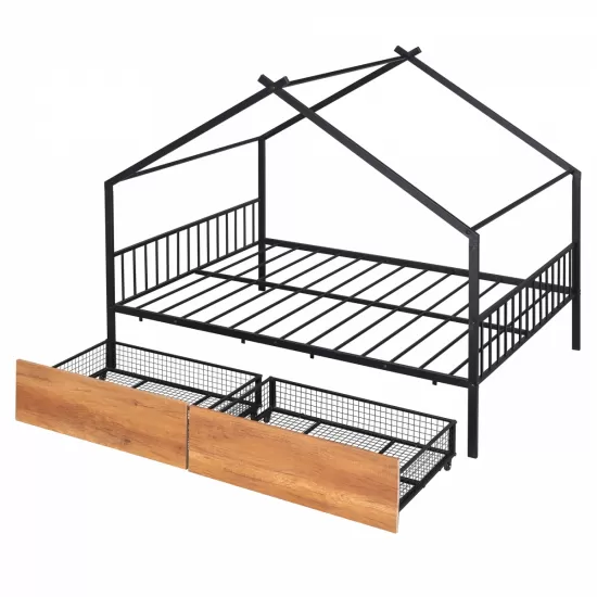 Full Size Metal House Bed with Two Drawers, Black Full Size Metal House Bed with Two Drawers, Black