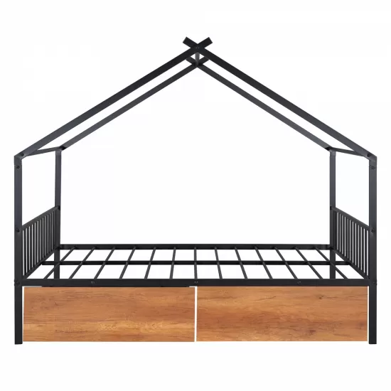 Full Size Metal House Bed with Two Drawers, Black Full Size Metal House Bed with Two Drawers, Black