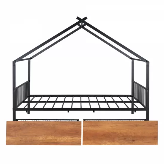Full Size Metal House Bed with Two Drawers, Black Full Size Metal House Bed with Two Drawers, Black