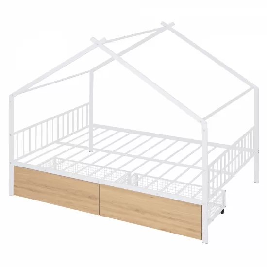 Full Size Metal House Bed with Two Drawers, White Full Size Metal House Bed with Two Drawers, White