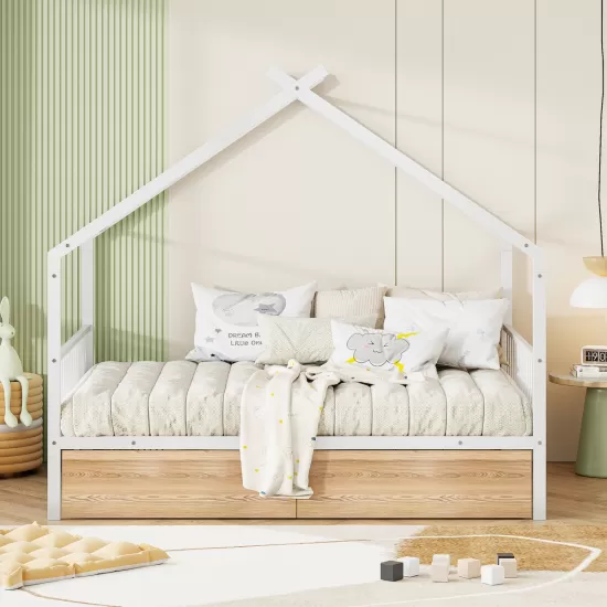 Full Size Metal House Bed with Two Drawers, White Full Size Metal House Bed with Two Drawers, White