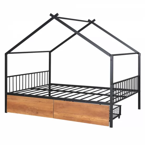 Full Size Metal House Bed with Two Drawers, Black Full Size Metal House Bed with Two Drawers, Black