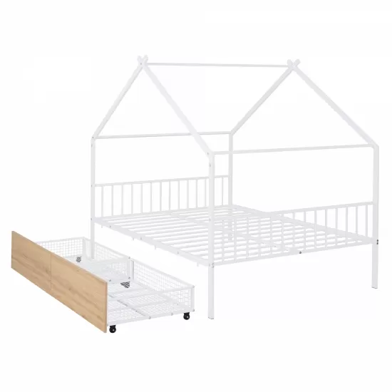 Full Size Metal House Bed with Two Drawers, White Full Size Metal House Bed with Two Drawers, White