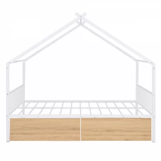 Full Size Metal House Bed with Two Drawers, White Full Size Metal House Bed with Two Drawers, White
