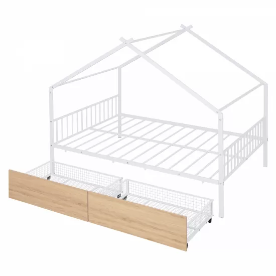 Full Size Metal House Bed with Two Drawers, White Full Size Metal House Bed with Two Drawers, White
