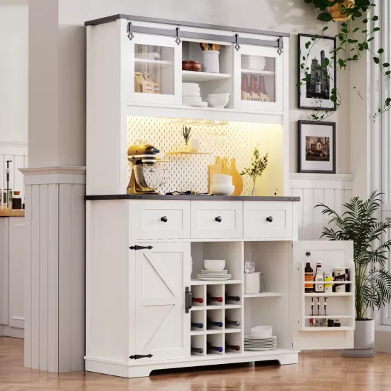 K&K 71 Inch Farmhosue Pantry Bar Cabinet with Internal Storage Rack,Kitchen Cabinet with Hutch,Sliding Door,Power Outlet,Pegboard,Wine & Glasses Rack,3 Drawers,Rustic Coffee Bar Storage Cabinet,White Oak K&K 71 Inch Farmhosue Pantry Bar Cabinet with Internal Storage Rack,Kitchen Cabinet with Hutch,Sliding Door,Power Outlet,Pegboard,Wine & Glasses Rack,3 Drawers,Rustic Coffee Bar Storage Cabinet,White Oak