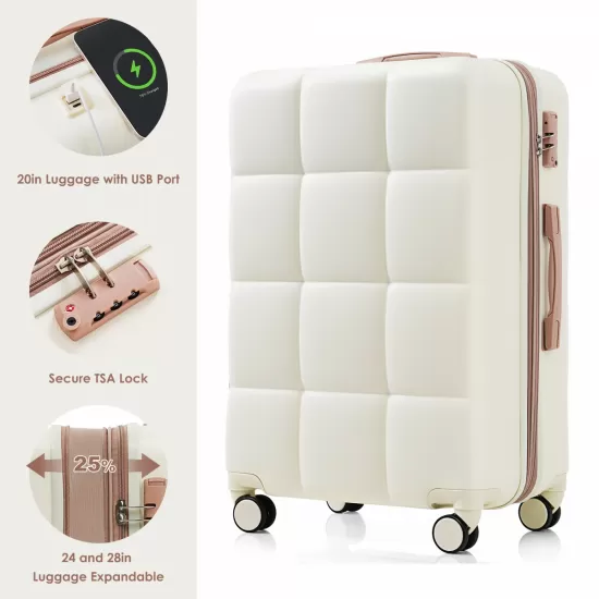 Luggage Sets 4 Piece, 20-inch with USB Port, Expandable ABS Durable Suitcase with Travel Bag, Cup Holder, ABS Hard Shell Luggage with Spinner Wheels, beige Luggage Sets 4 Piece, 20-inch with USB Port, Expandable ABS Durable Suitcase with Travel Bag, Cup Holder, ABS Hard Shell Luggage with Spinner Wheels, beige