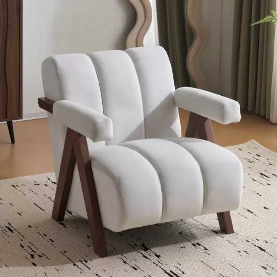 Mid Century Modern Accent Chair with Solid Wood Frame, Upholstered Living Room Chairs with Thick Cushion, Comfy Tufted Arm Chair for Bedroom, Living Room, Velvet, Ivory Mid Century Modern Accent Chair with Solid Wood Frame, Upholstered Living Room Chairs with Thick Cushion, Comfy Tufted Arm Chair for Bedroom, Living Room, Velvet, Ivory