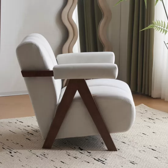 Mid Century Modern Accent Chair with Solid Wood Frame, Upholstered Living Room Chairs with Thick Cushion, Comfy Tufted Arm Chair for Bedroom, Living Room, Velvet, Ivory Mid Century Modern Accent Chair with Solid Wood Frame, Upholstered Living Room Chairs with Thick Cushion, Comfy Tufted Arm Chair for Bedroom, Living Room, Velvet, Ivory