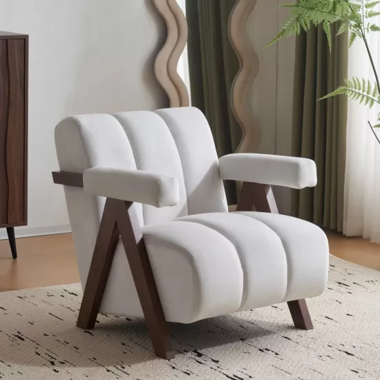 Mid Century Modern Accent Chair with Solid Wood Frame, Upholstered Living Room Chairs with Thick Cushion, Comfy Tufted Arm Chair for Bedroom, Living Room, Velvet, Ivory Mid Century Modern Accent Chair with Solid Wood Frame, Upholstered Living Room Chairs with Thick Cushion, Comfy Tufted Arm Chair for Bedroom, Living Room, Velvet, Ivory