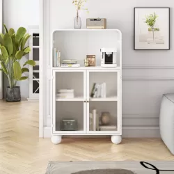 45.28 Inch  H Storage Cabinet, Bathroom Floor Cabinet with Glass Door and Shelves,  Freestanding Display Storage Cabinet for Bathroom, Living Room, Kitchen, Home Office,White