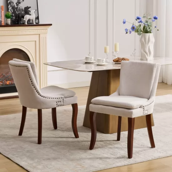 Modern Dining Chairs Set of 2,Double-layer Cushioned Chenille fabric Upholstered Accent Side Leisure Chairs with Mid Back and Curved Solid Wood Legs for Living Room/Dining Room-Beige Modern Dining Chairs Set of 2,Double-layer Cushioned Chenille fabric Upholstered Accent Side Leisure Chairs with Mid Back and Curved Solid Wood Legs for Living Room/Dining Room-Beige