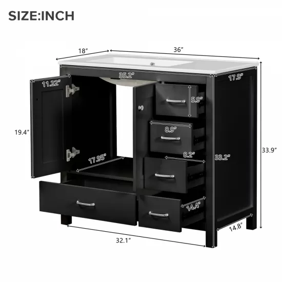 36 Inch Black Bathroom Vanity with Ceramic Sink Combo, Abundant Storage Cabinet -2 Soft close doors and 5 drawers 36 Inch Black Bathroom Vanity with Ceramic Sink Combo, Abundant Storage Cabinet -2 Soft close doors and 5 drawers