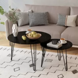 27.56'' Round Nesting Coffee Table Set of 2, Circular Nesting End Table Set, Round Marble Tabletop, and Sturdy Metal Base for Living Room, bedroom, Black 27.56'' Round Nesting Coffee Table Set of 2, Circular Nesting End Table Set, Round Marble Tabletop, and Sturdy Metal Base for Living Room, bedroom, Black