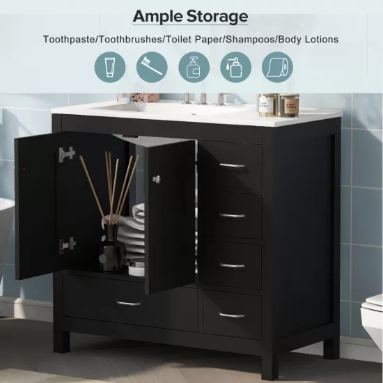 36 Inch Black Bathroom Vanity with Ceramic Sink Combo, Abundant Storage Cabinet -2 Soft close doors and 5 drawers 36 Inch Black Bathroom Vanity with Ceramic Sink Combo, Abundant Storage Cabinet -2 Soft close doors and 5 drawers